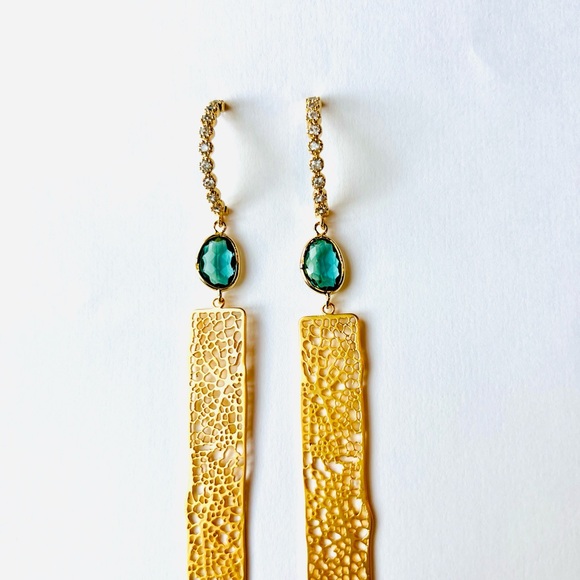 Gorgeous HANDMADE Gold Green Tourmaline Art Deco Earrings - Picture 2 of 4